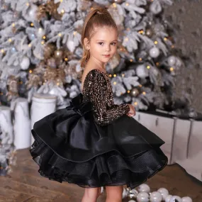 Gold Sequin Long Sleeves Backless Scoop Neck Ruffles Flower Girl Dresses