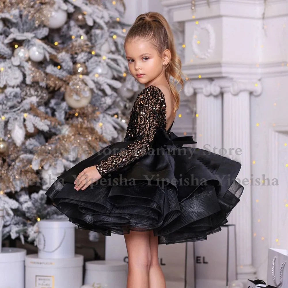 Gold Sequin Long Sleeves Backless Scoop Neck Ruffles Flower Girl Dresses