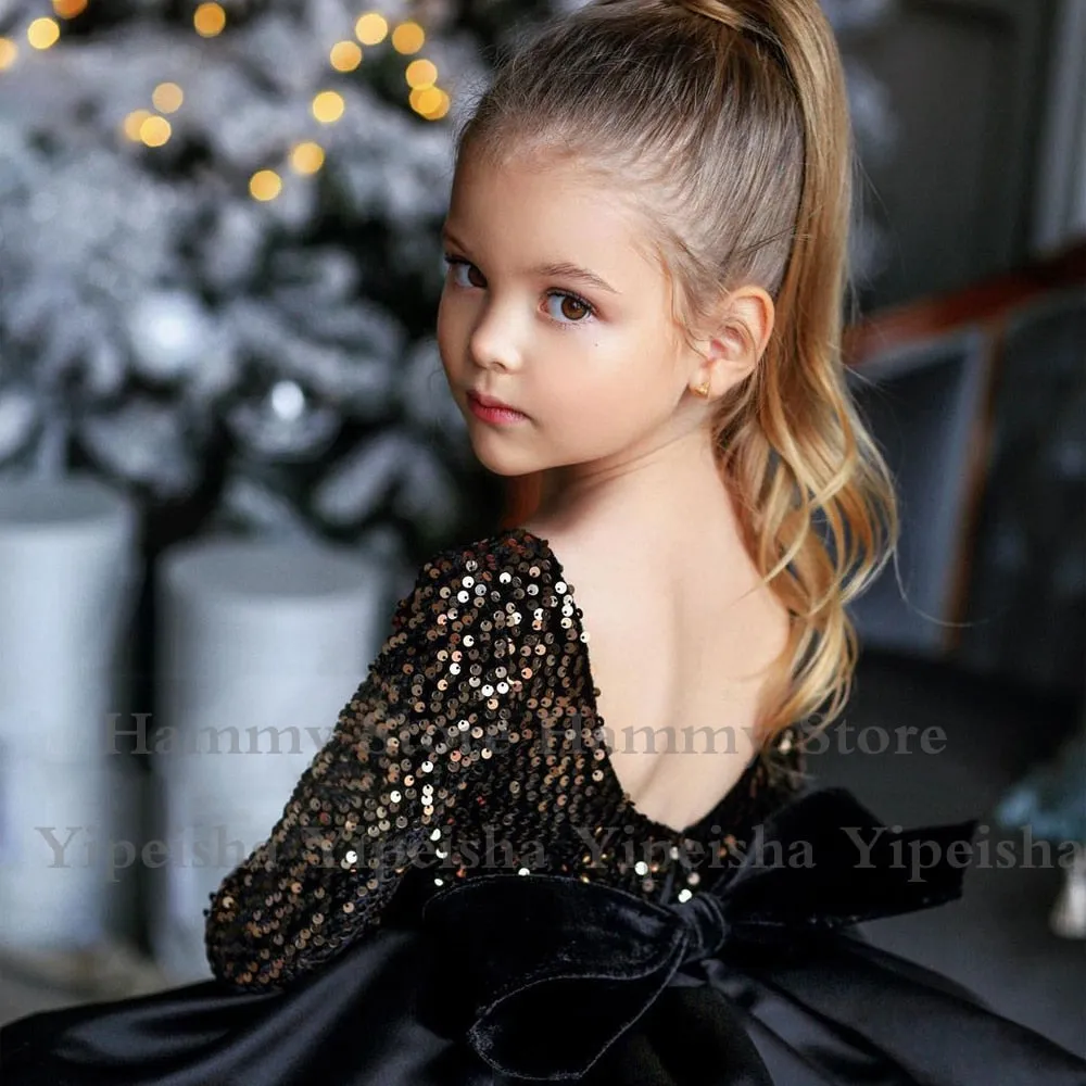 Gold Sequin Long Sleeves Backless Scoop Neck Ruffles Flower Girl Dresses