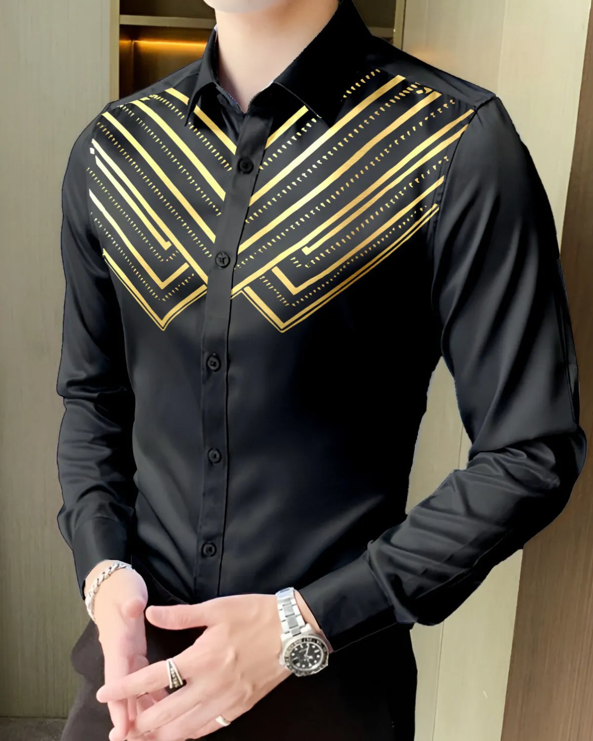 Golden Striped Black Party Wear Shirt