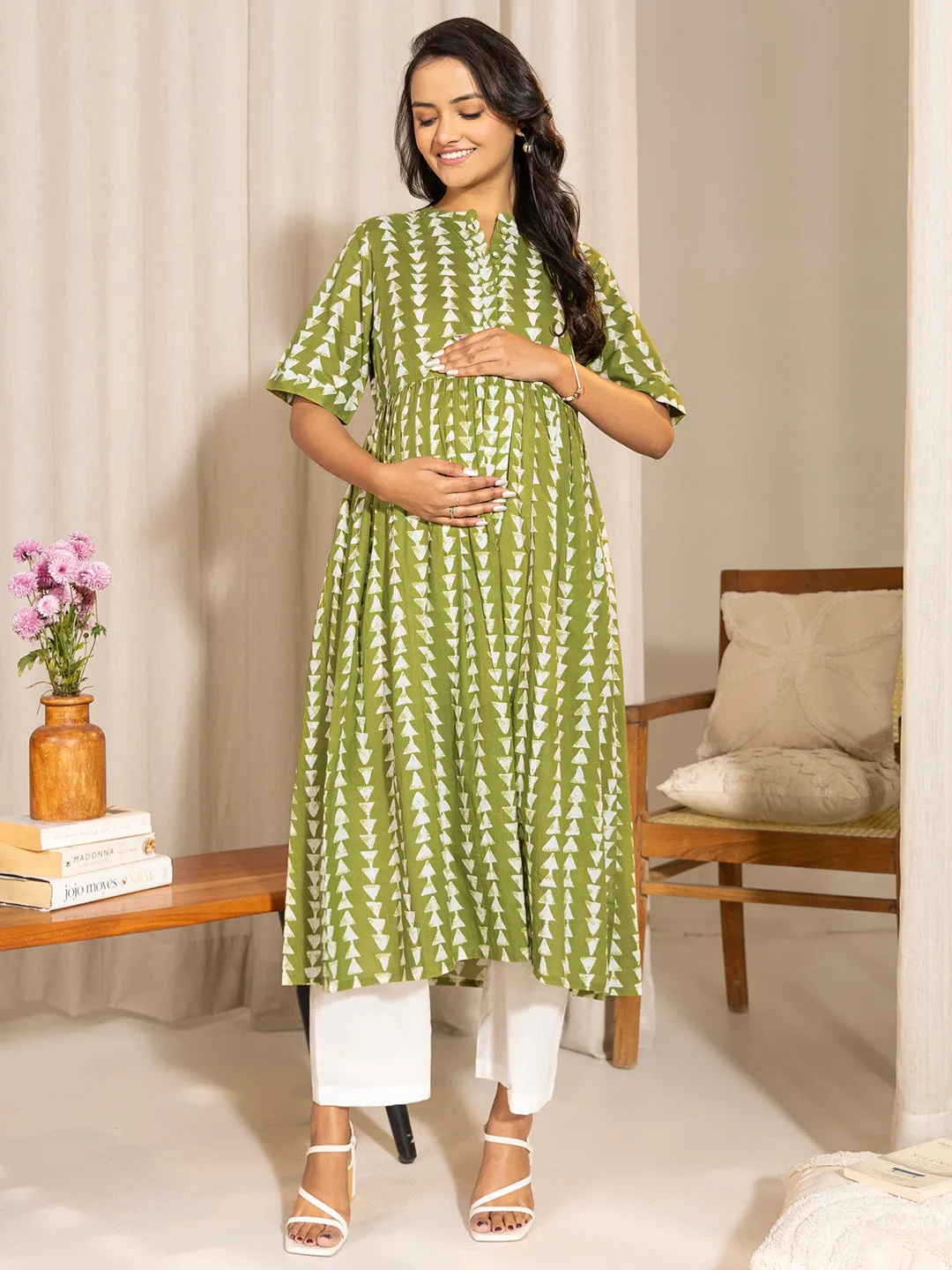 Green Cotton Block Printed Gathered Maternity Kurta