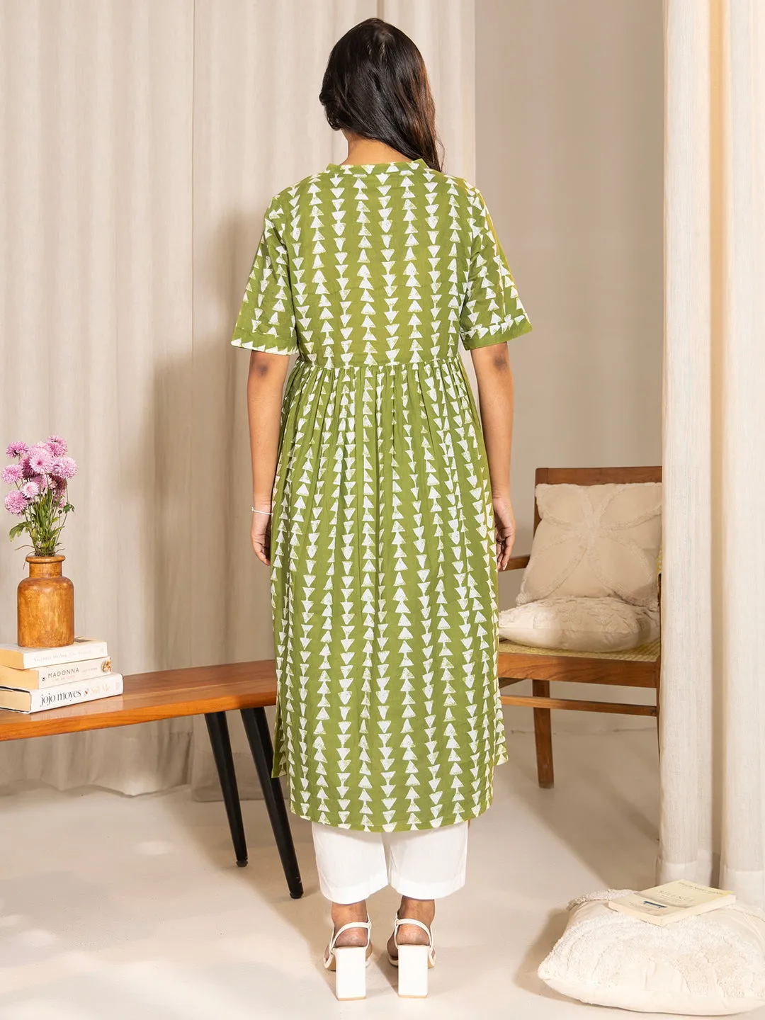 Green Cotton Block Printed Gathered Maternity Kurta