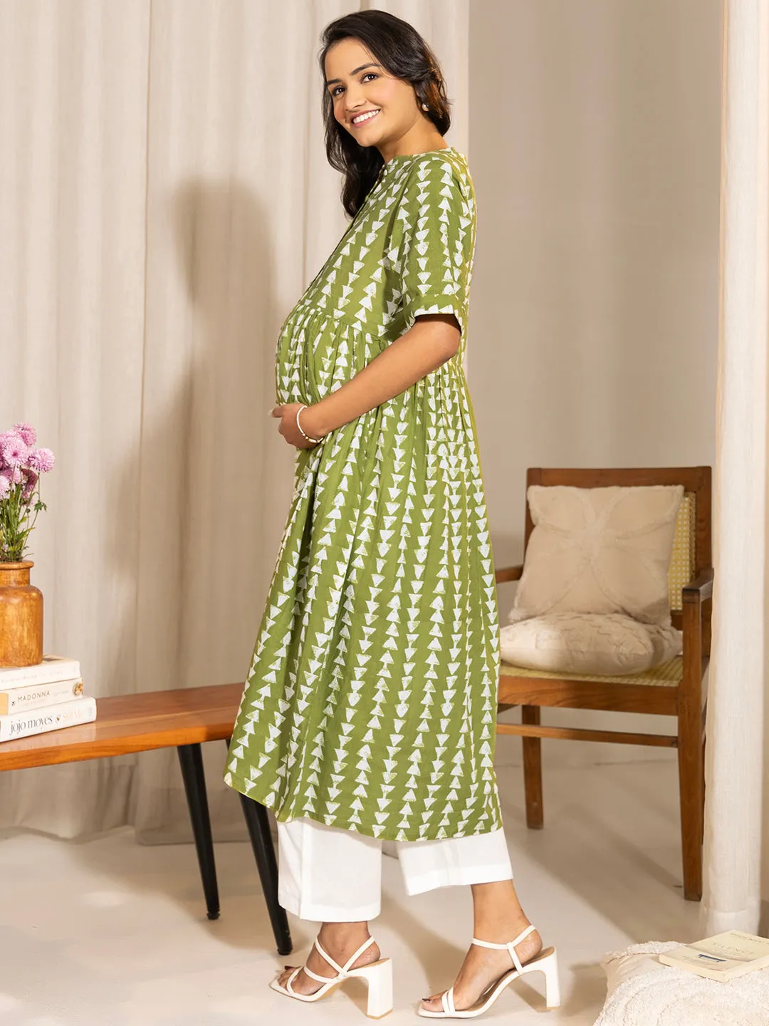 Green Cotton Block Printed Gathered Maternity Kurta