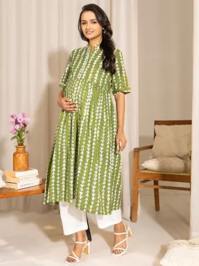 Green Cotton Block Printed Gathered Maternity Kurta