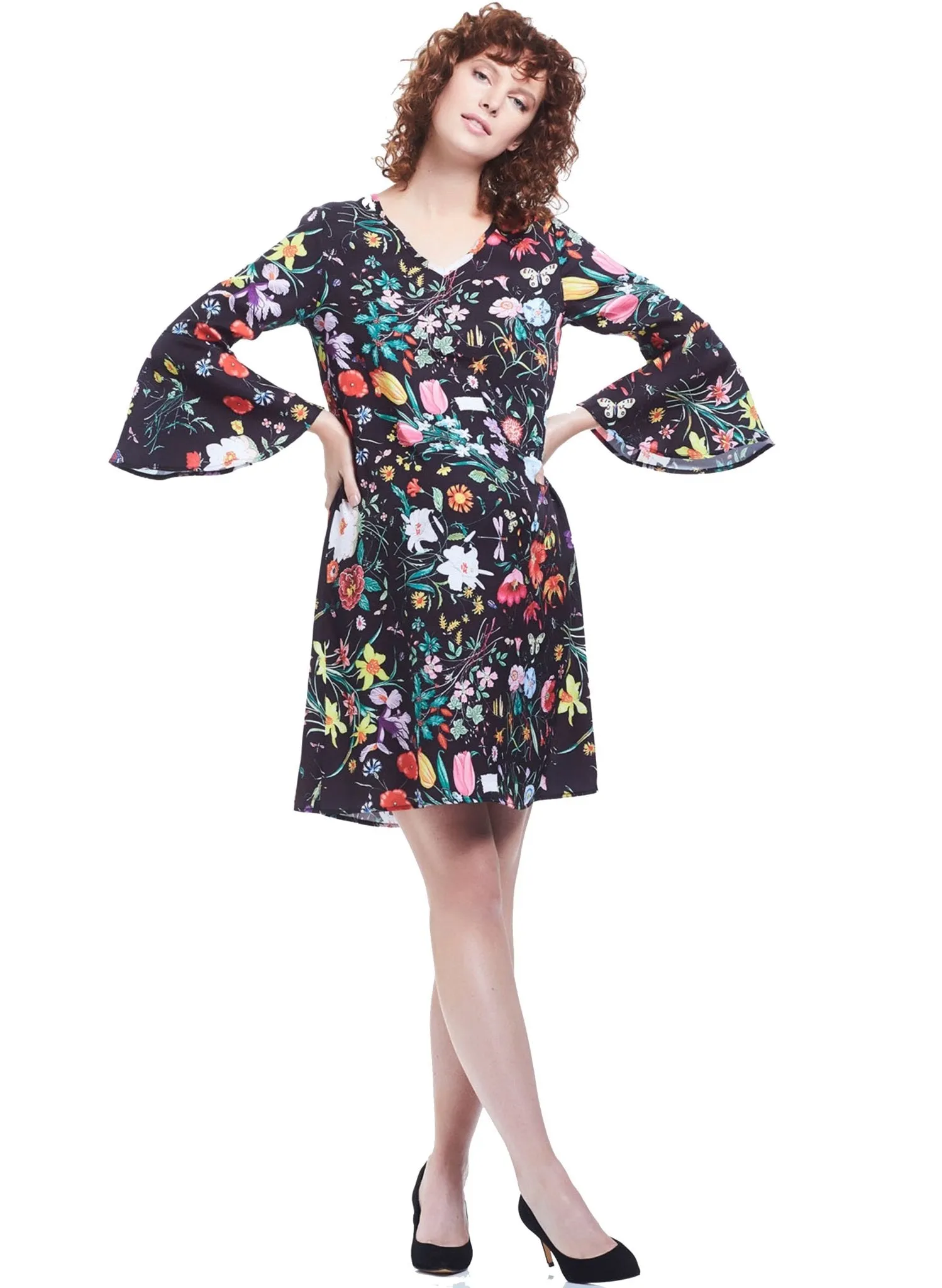 Harper Bell Sleeve Maternity Dress - Black Floral