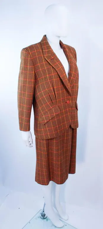 HERMES 2 pc Brown Plaid Wool Skirt Suit Size 46