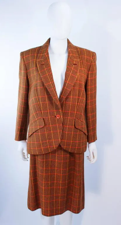 HERMES 2 pc Brown Plaid Wool Skirt Suit Size 46