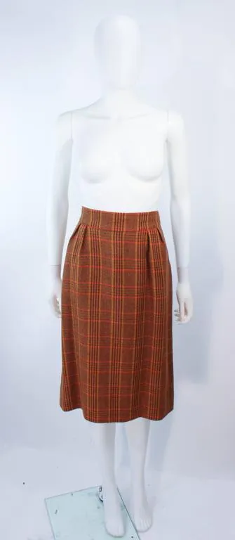 HERMES 2 pc Brown Plaid Wool Skirt Suit Size 46