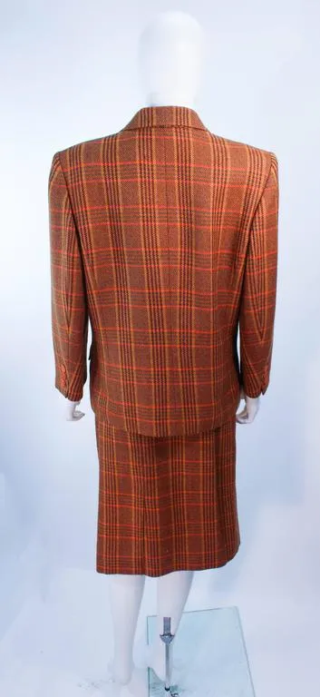 HERMES 2 pc Brown Plaid Wool Skirt Suit Size 46