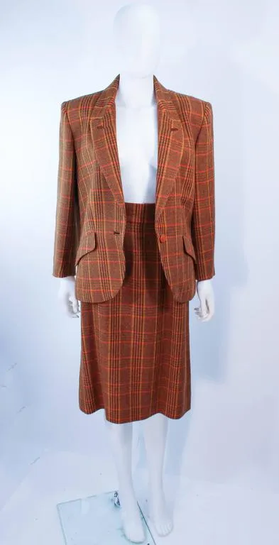 HERMES 2 pc Brown Plaid Wool Skirt Suit Size 46