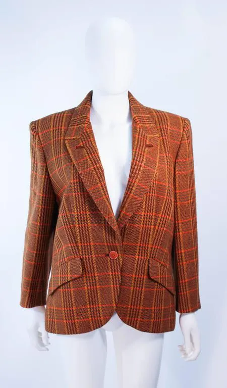 HERMES 2 pc Brown Plaid Wool Skirt Suit Size 46