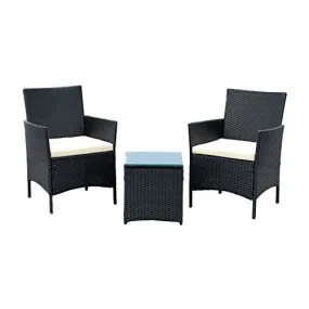 IDS HOME 3-PIECE COMPACT OUTDOOR/INDOOR GARDEN PATIO FURNITURE SET BLACK PE RATTAN WICKER SEAT WHITE CUSHIONS