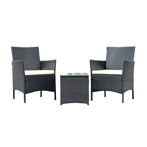 IDS HOME 3-PIECE COMPACT OUTDOOR/INDOOR GARDEN PATIO FURNITURE SET BLACK PE RATTAN WICKER SEAT WHITE CUSHIONS