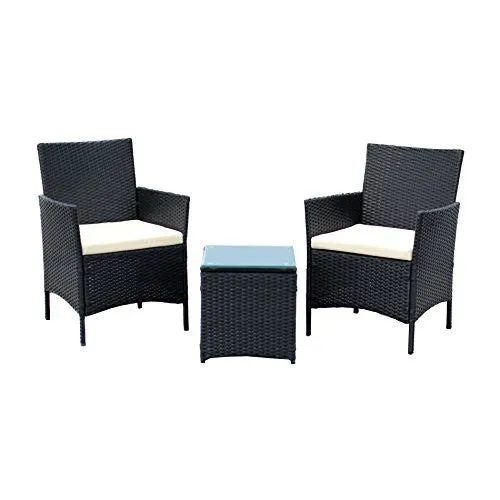 IDS HOME 3-PIECE COMPACT OUTDOOR/INDOOR GARDEN PATIO FURNITURE SET BLACK PE RATTAN WICKER SEAT WHITE CUSHIONS