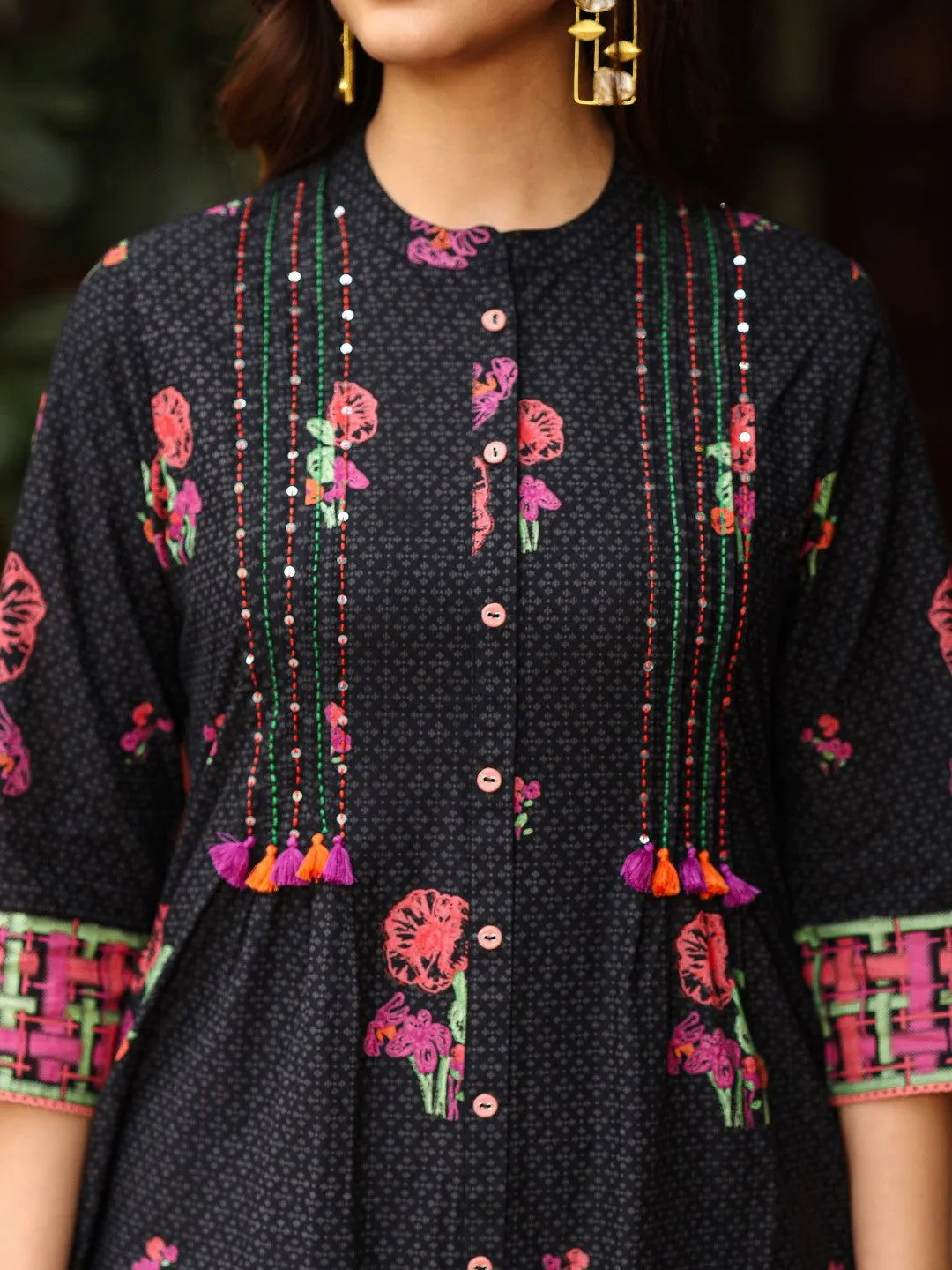 Juniper Black Floral Printed A-Line Pleated Cotton Dress With Kantha Work & Tassels