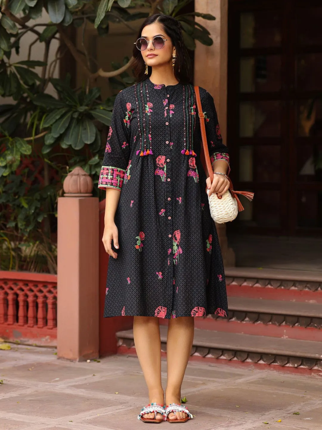 Juniper Black Floral Printed A-Line Pleated Cotton Dress With Kantha Work & Tassels