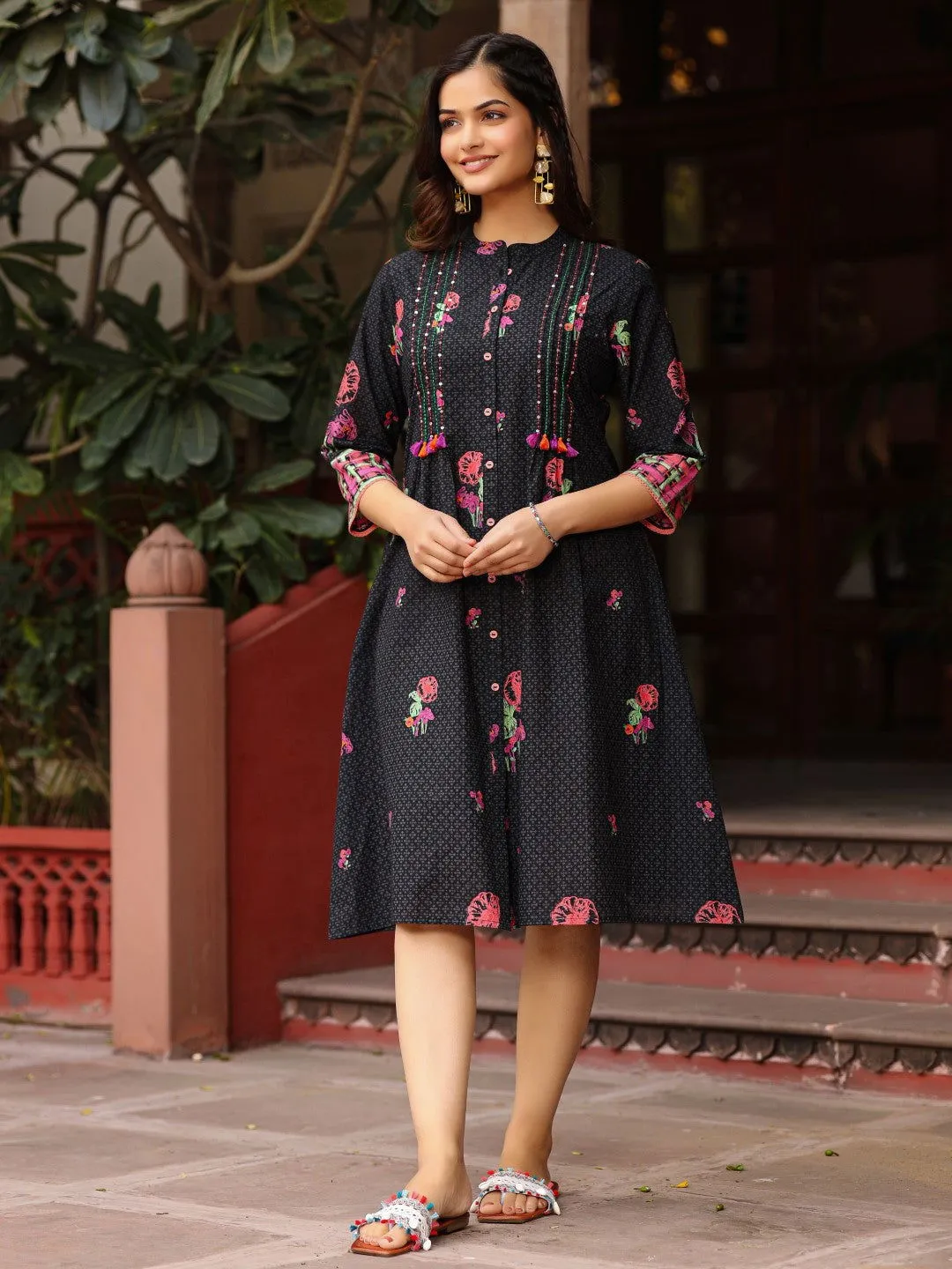 Juniper Black Floral Printed A-Line Pleated Cotton Dress With Kantha Work & Tassels