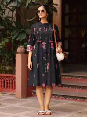 Juniper Black Floral Printed A-Line Pleated Cotton Dress With Kantha Work & Tassels