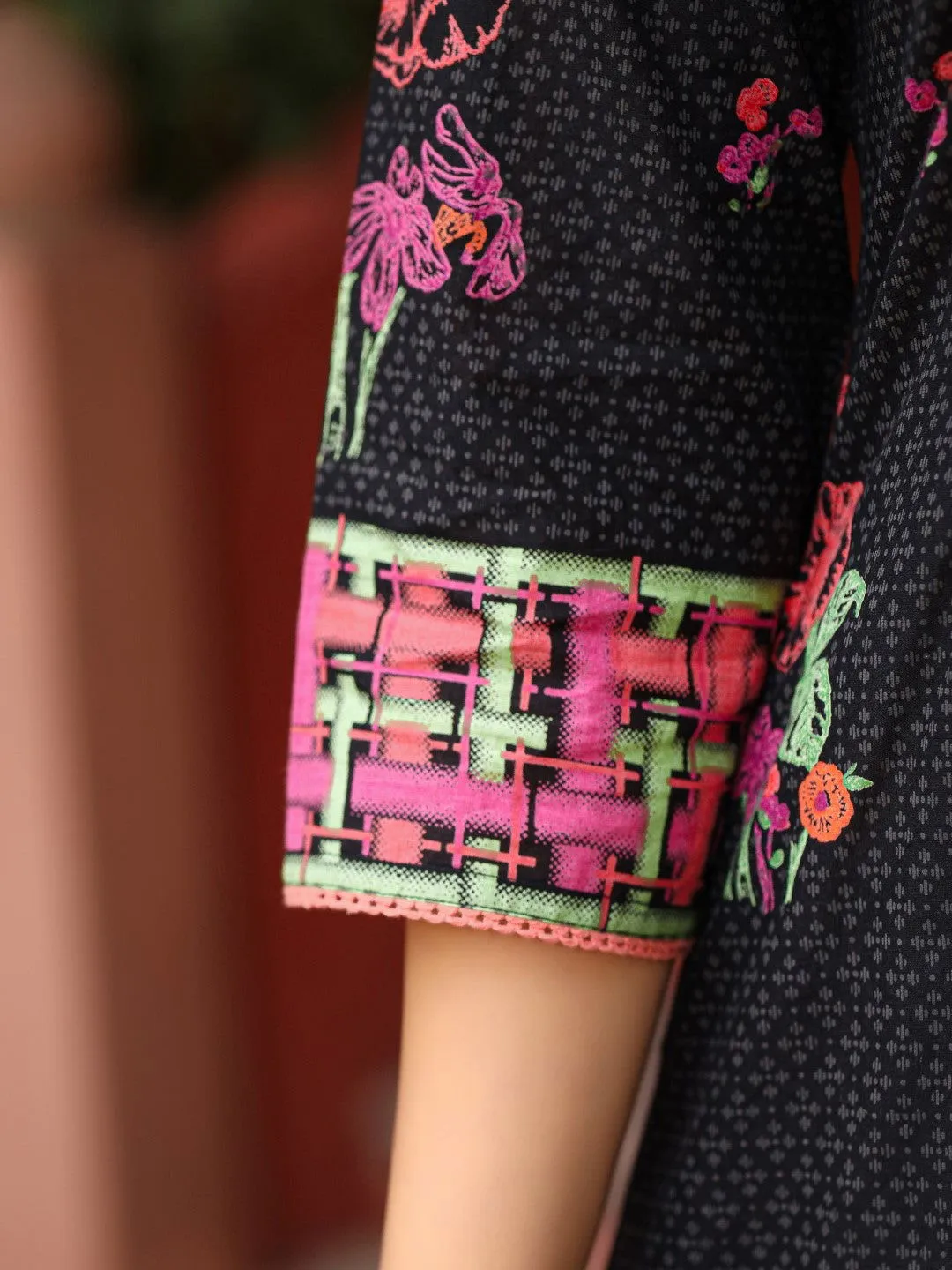 Juniper Black Floral Printed A-Line Pleated Cotton Dress With Kantha Work & Tassels