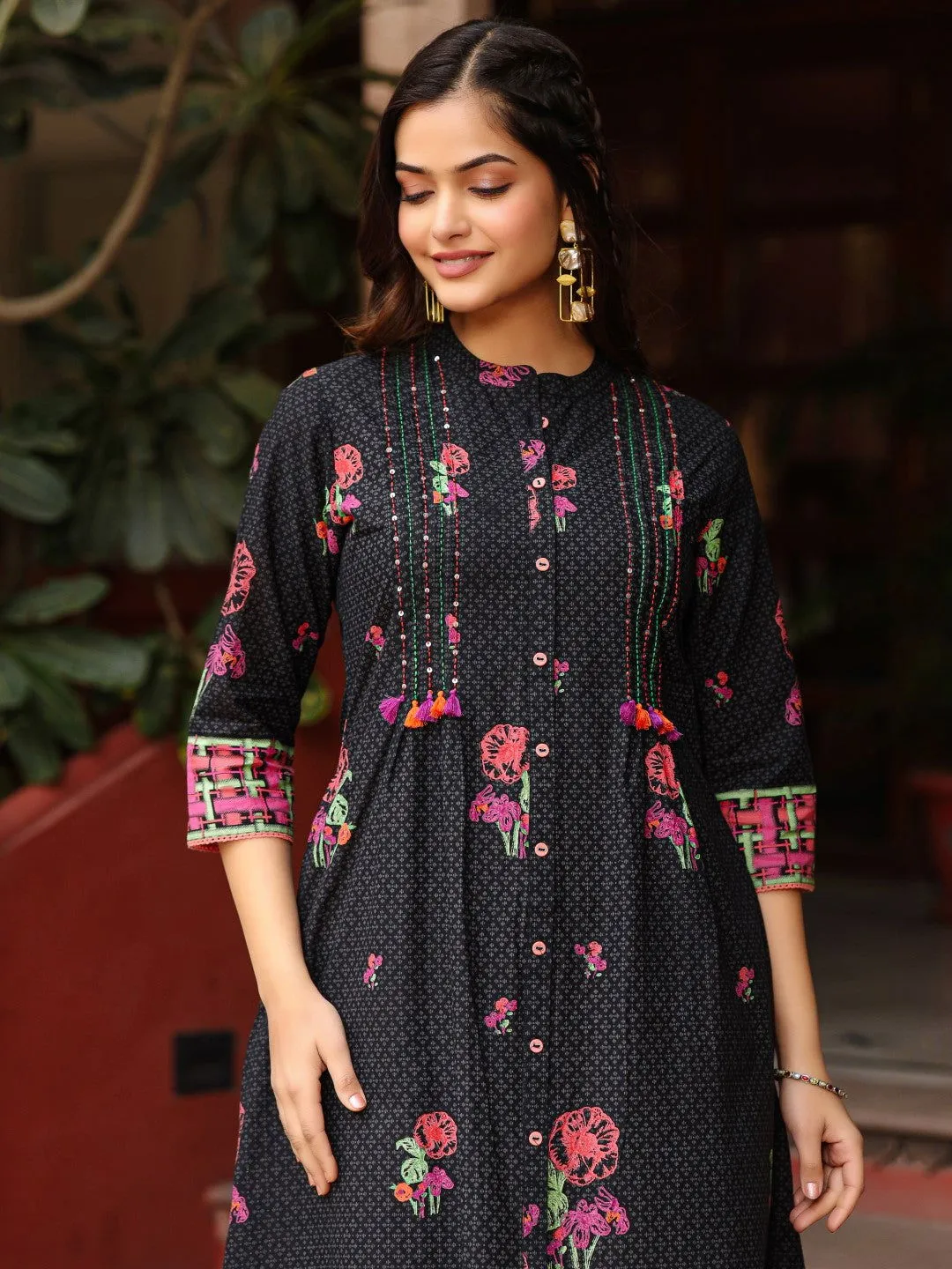 Juniper Black Floral Printed A-Line Pleated Cotton Dress With Kantha Work & Tassels