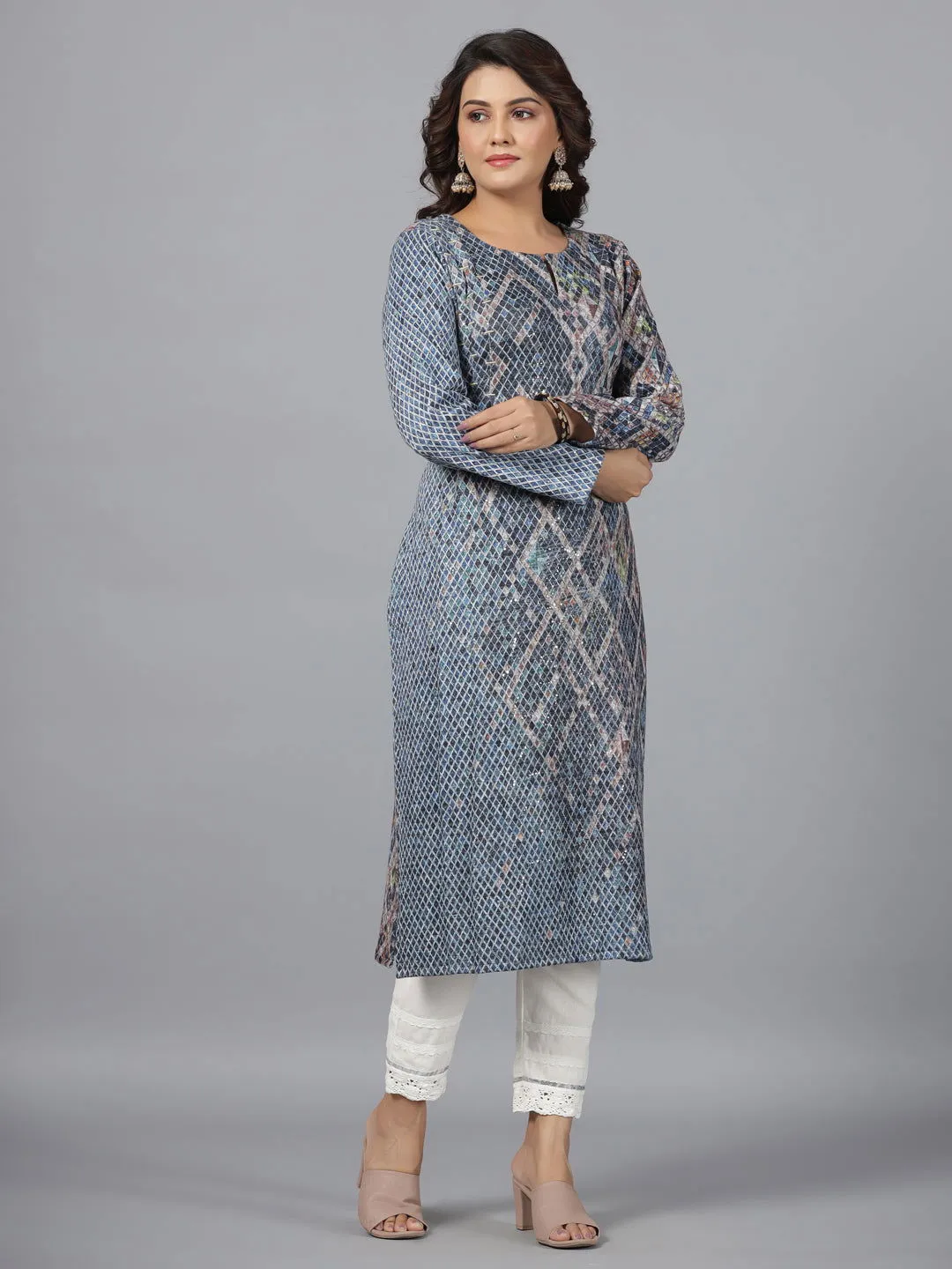 Juniper  Blue Checked Printed Polyester Kurta With Sequins Work