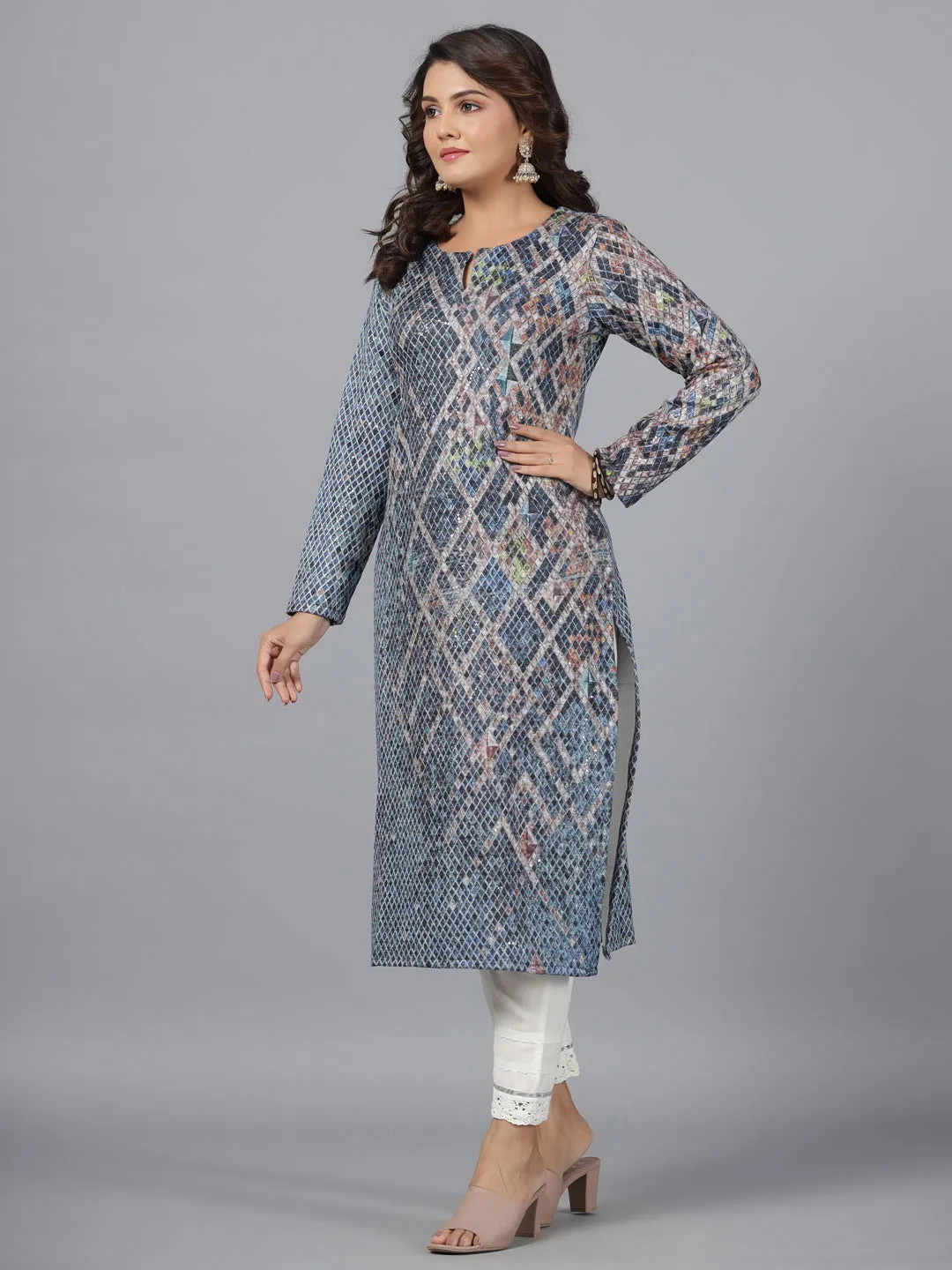 Juniper  Blue Checked Printed Polyester Kurta With Sequins Work