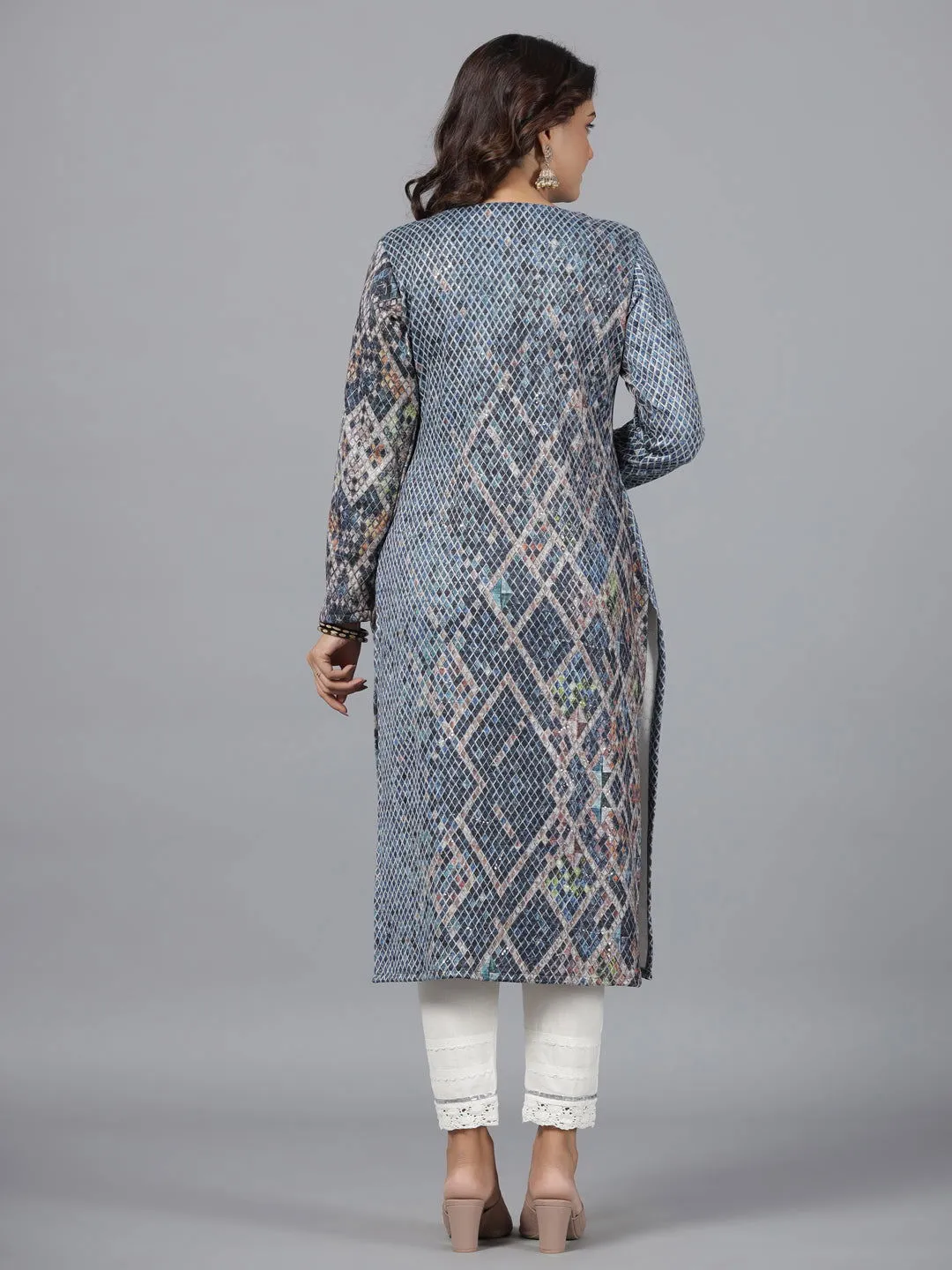 Juniper  Blue Checked Printed Polyester Kurta With Sequins Work