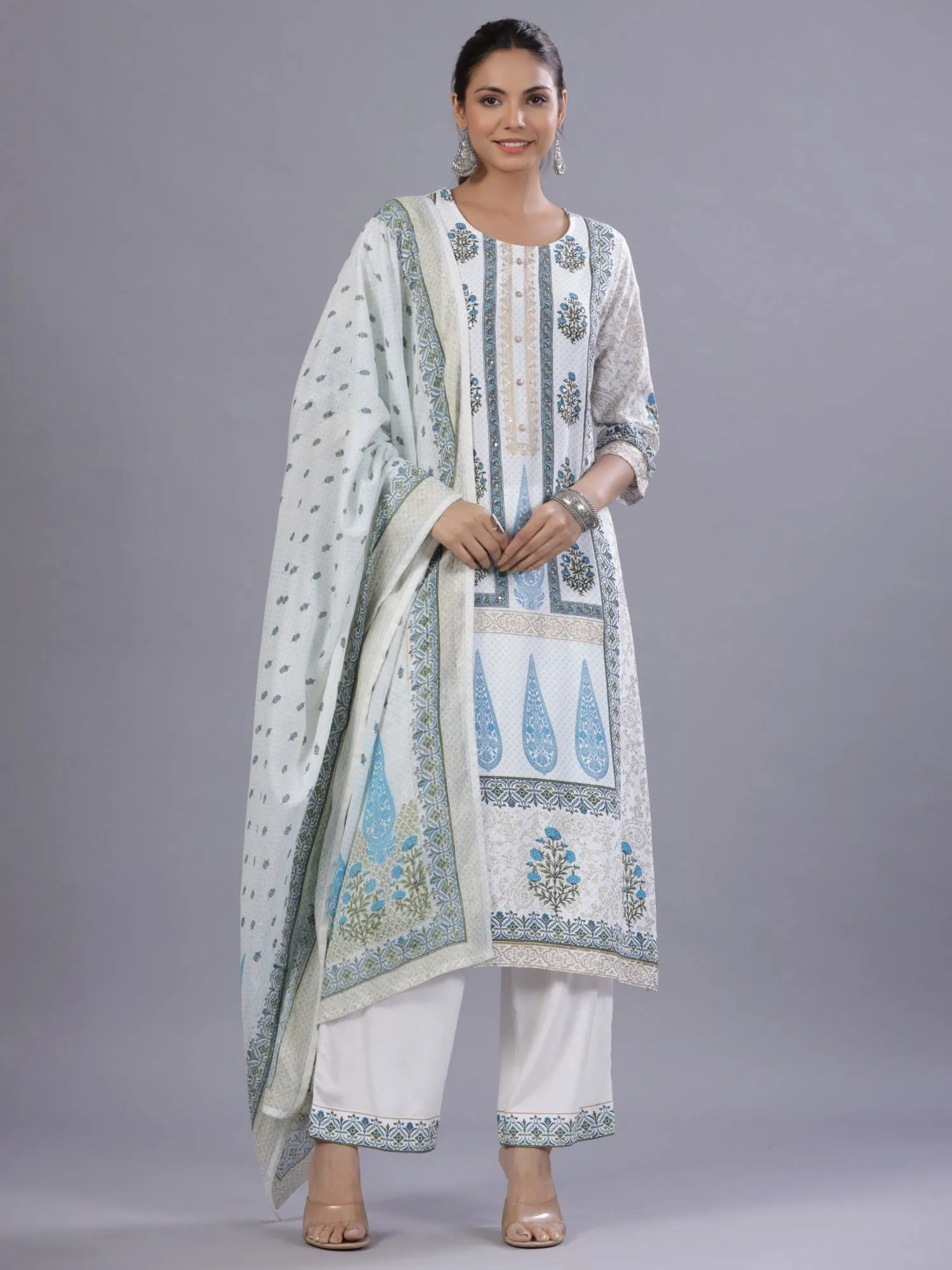 Juniper Blue Ethnic Printed Rayon Kurta Pants and Dupatta Set