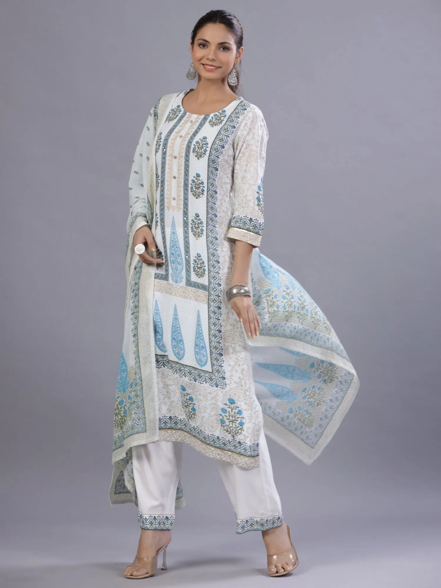 Juniper Blue Ethnic Printed Rayon Kurta Pants and Dupatta Set