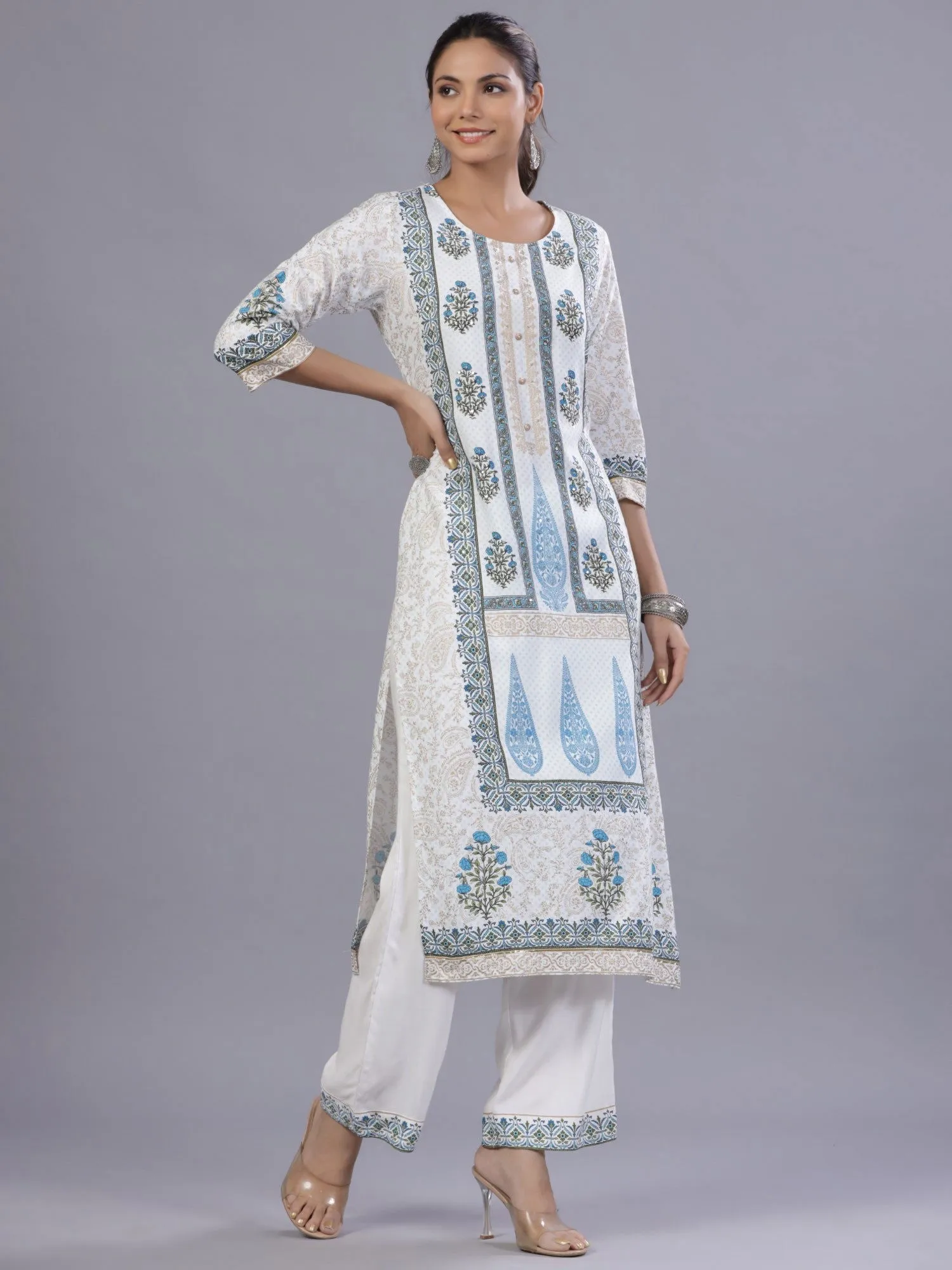 Juniper Blue Ethnic Printed Rayon Kurta Pants and Dupatta Set