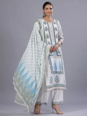 Juniper Blue Ethnic Printed Rayon Kurta Pants and Dupatta Set