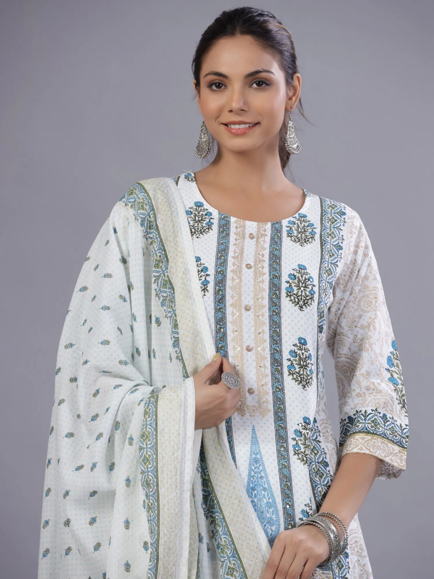 Juniper Blue Ethnic Printed Rayon Kurta Pants and Dupatta Set