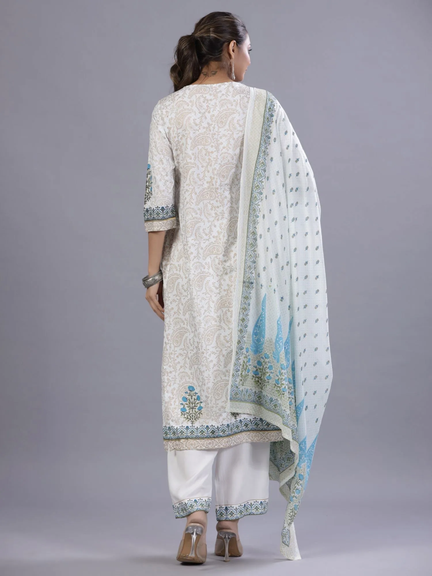 Juniper Blue Ethnic Printed Rayon Kurta Pants and Dupatta Set