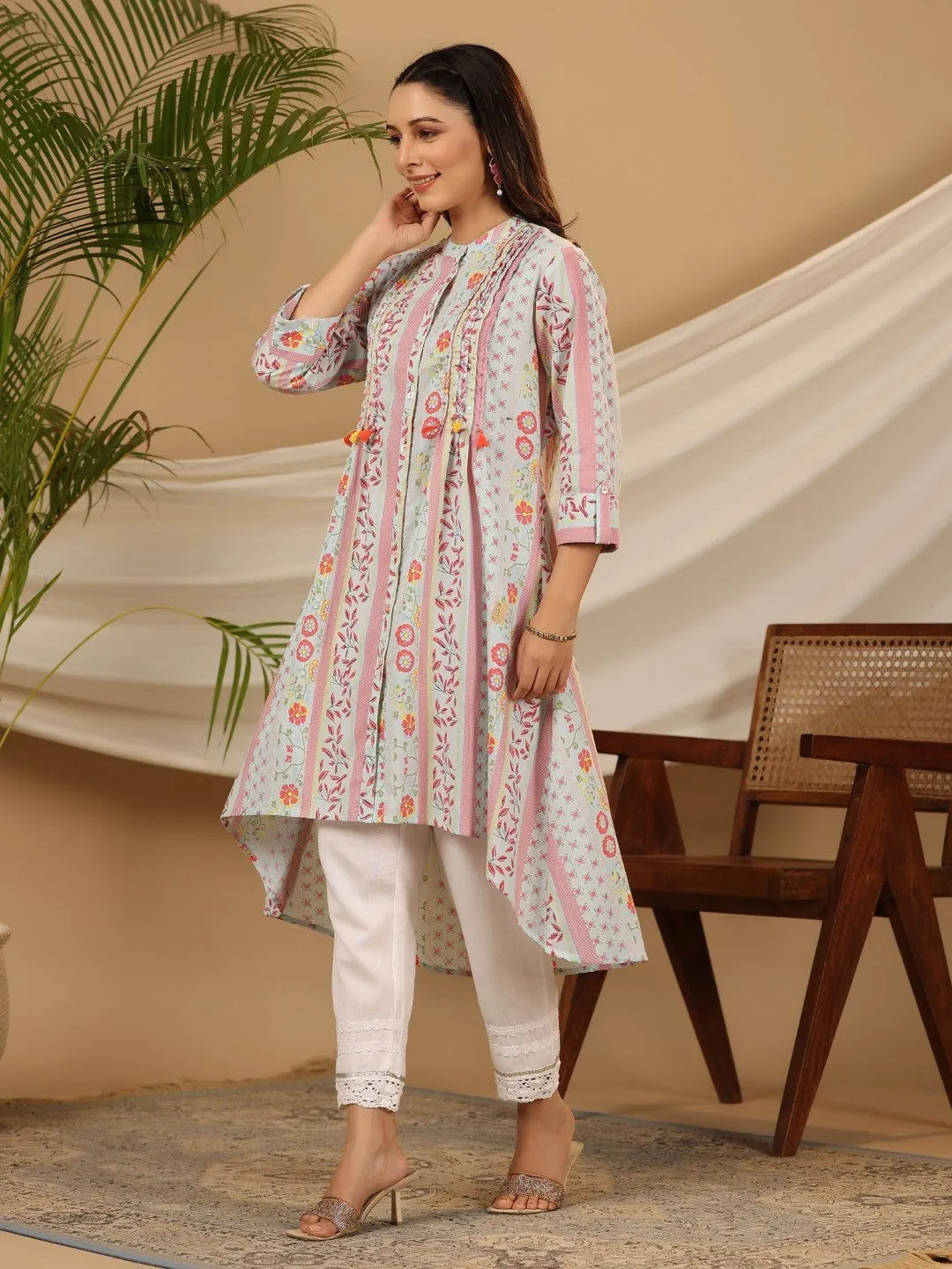 Juniper Blue Floral Printed Cotton Cambric Kurta With Sequins Work