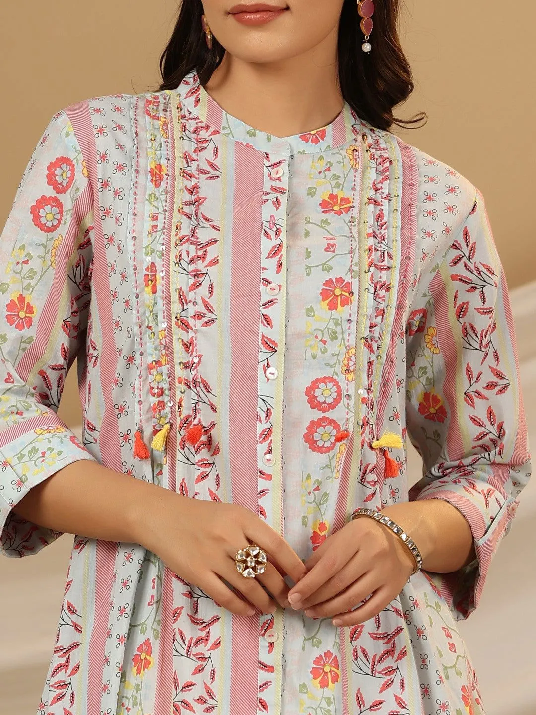 Juniper Blue Floral Printed Cotton Cambric Kurta With Sequins Work