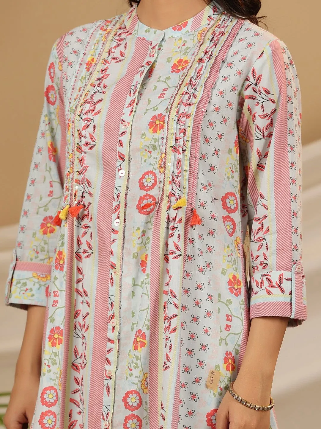 Juniper Blue Floral Printed Cotton Cambric Kurta With Sequins Work