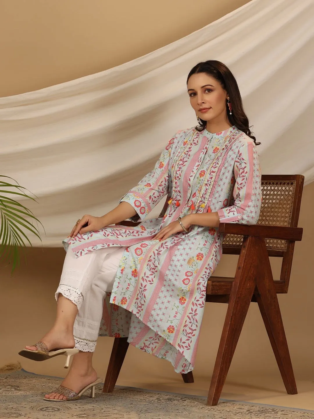 Juniper Blue Floral Printed Cotton Cambric Kurta With Sequins Work