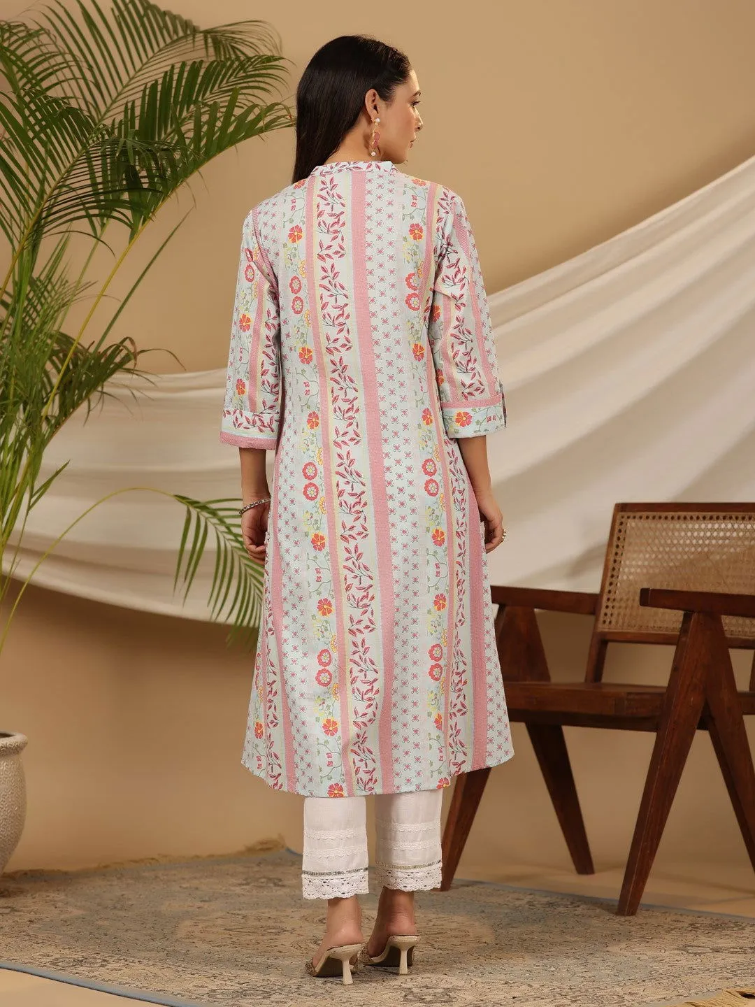 Juniper Blue Floral Printed Cotton Cambric Kurta With Sequins Work