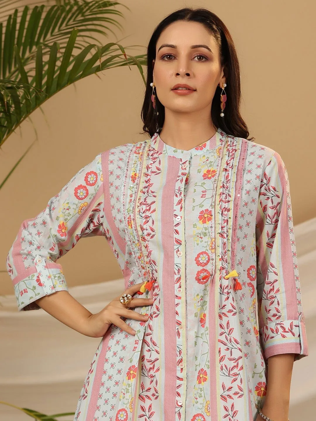 Juniper Blue Floral Printed Cotton Cambric Kurta With Sequins Work