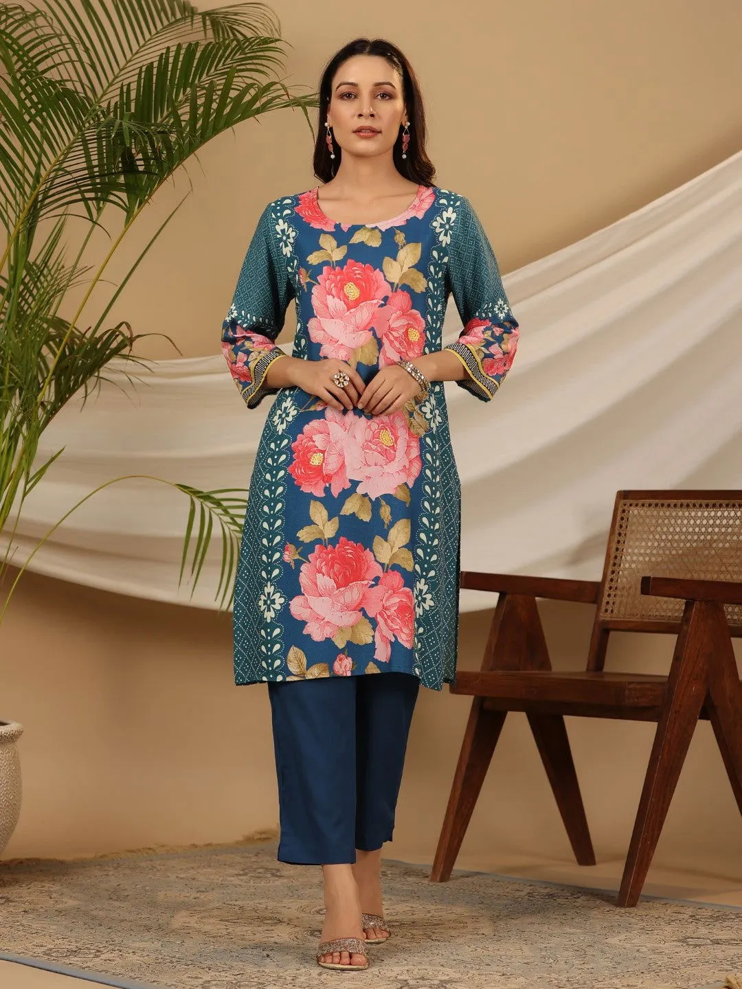 Juniper Blue Floral Printed Rayon Kurta Pants & Dupatta Set With Sequins Work