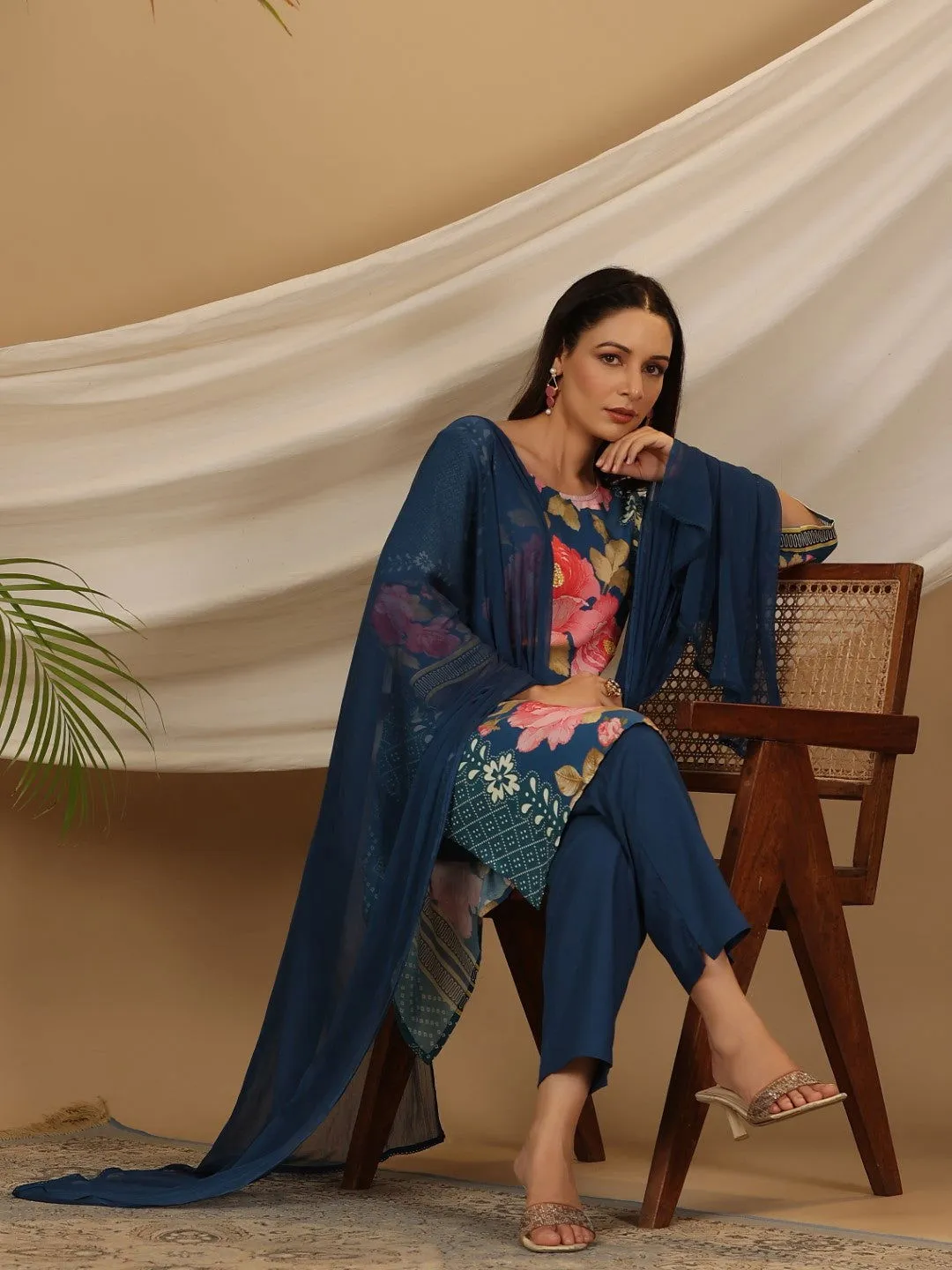 Juniper Blue Floral Printed Rayon Kurta Pants & Dupatta Set With Sequins Work