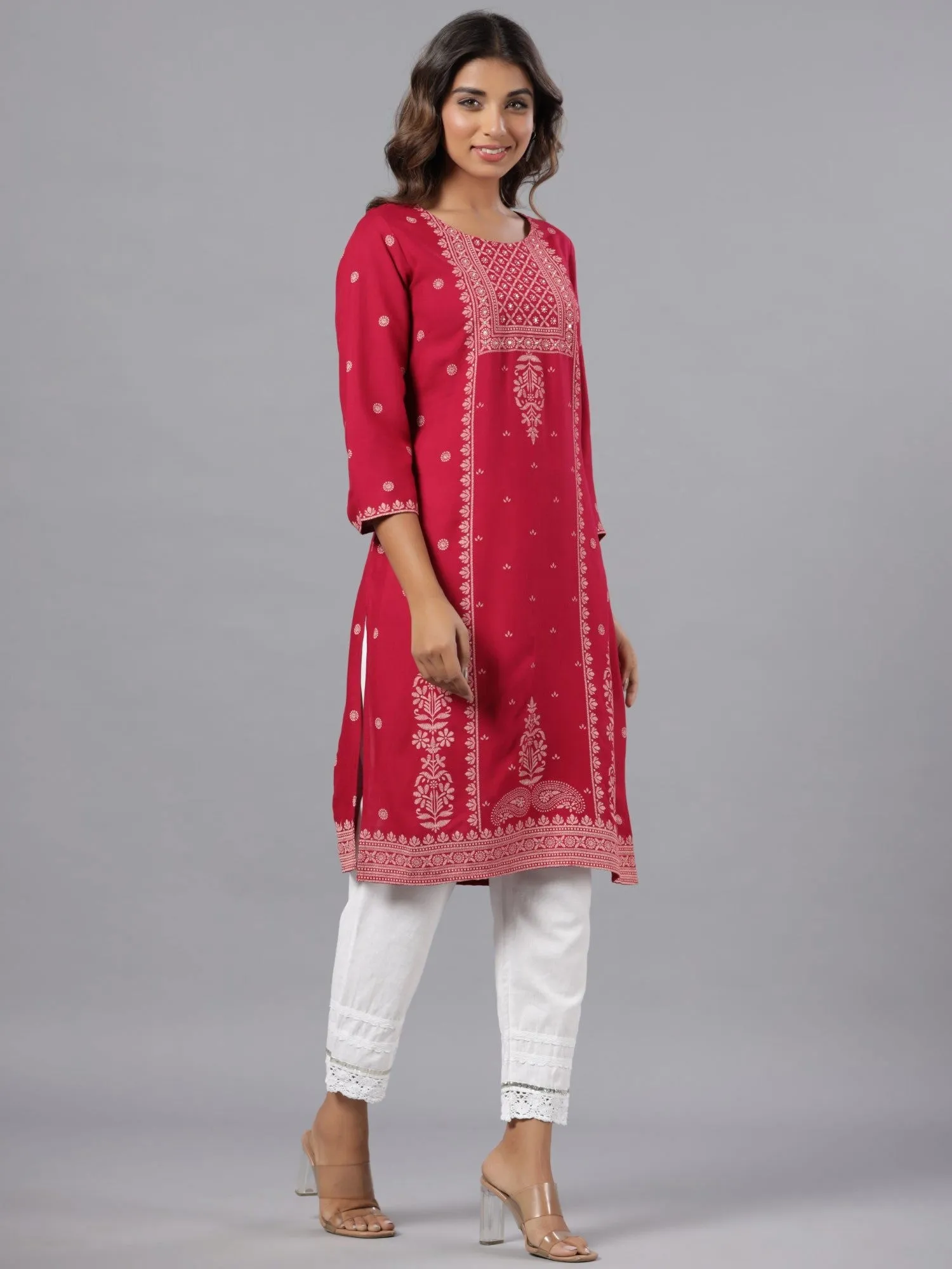 Juniper Fuchsia Ethnic Motif Printed Rayon Knee Length Straight Kurta With Sequins