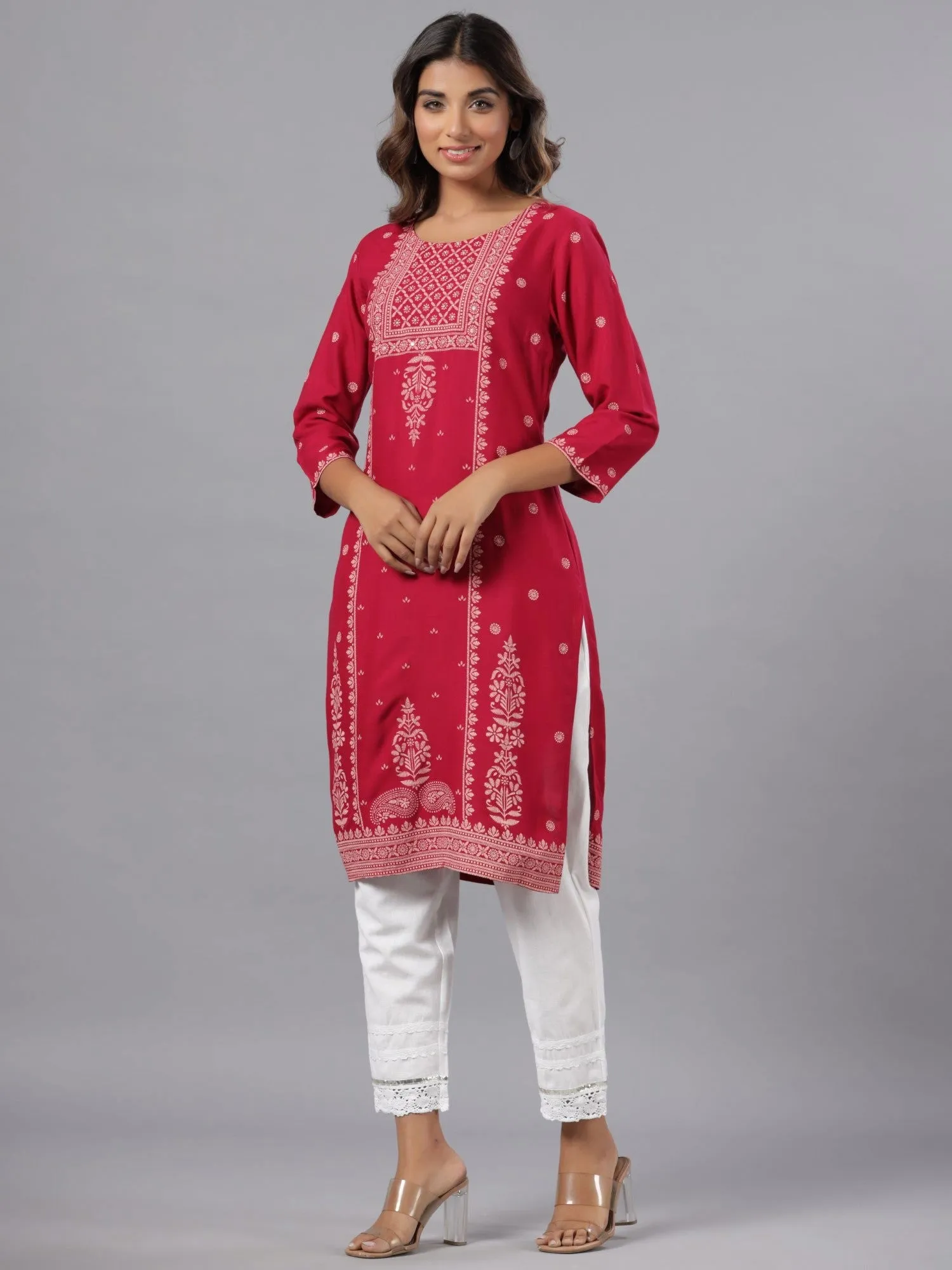 Juniper Fuchsia Ethnic Motif Printed Rayon Knee Length Straight Kurta With Sequins