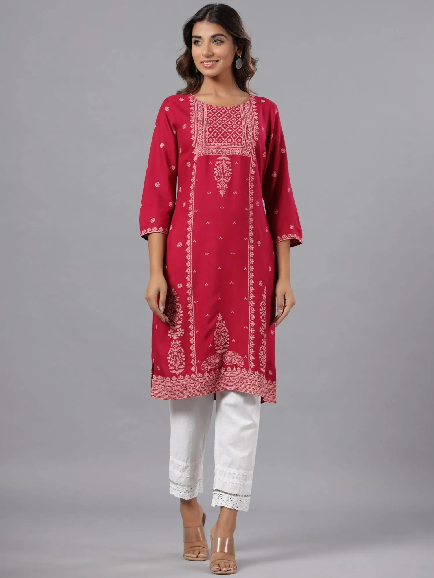 Juniper Fuchsia Ethnic Motif Printed Rayon Knee Length Straight Kurta With Sequins