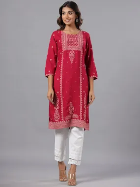 Juniper Fuchsia Ethnic Motif Printed Rayon Knee Length Straight Kurta With Sequins