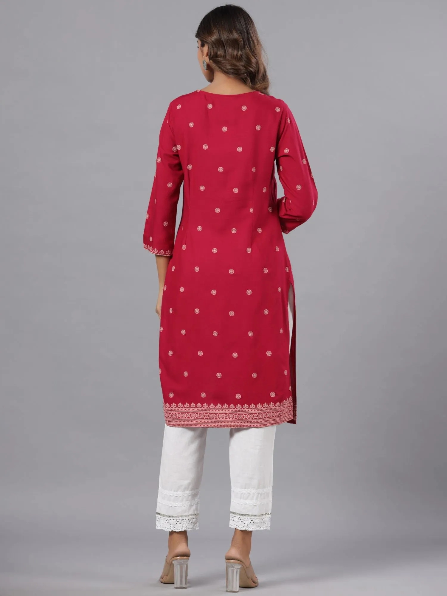 Juniper Fuchsia Ethnic Motif Printed Rayon Knee Length Straight Kurta With Sequins