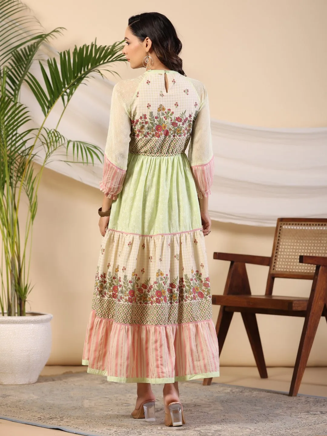 Juniper Green Wonderland Cotton & Chiffon Floral Printed Tiered Maxi Dress With Lace & 3D Handwork