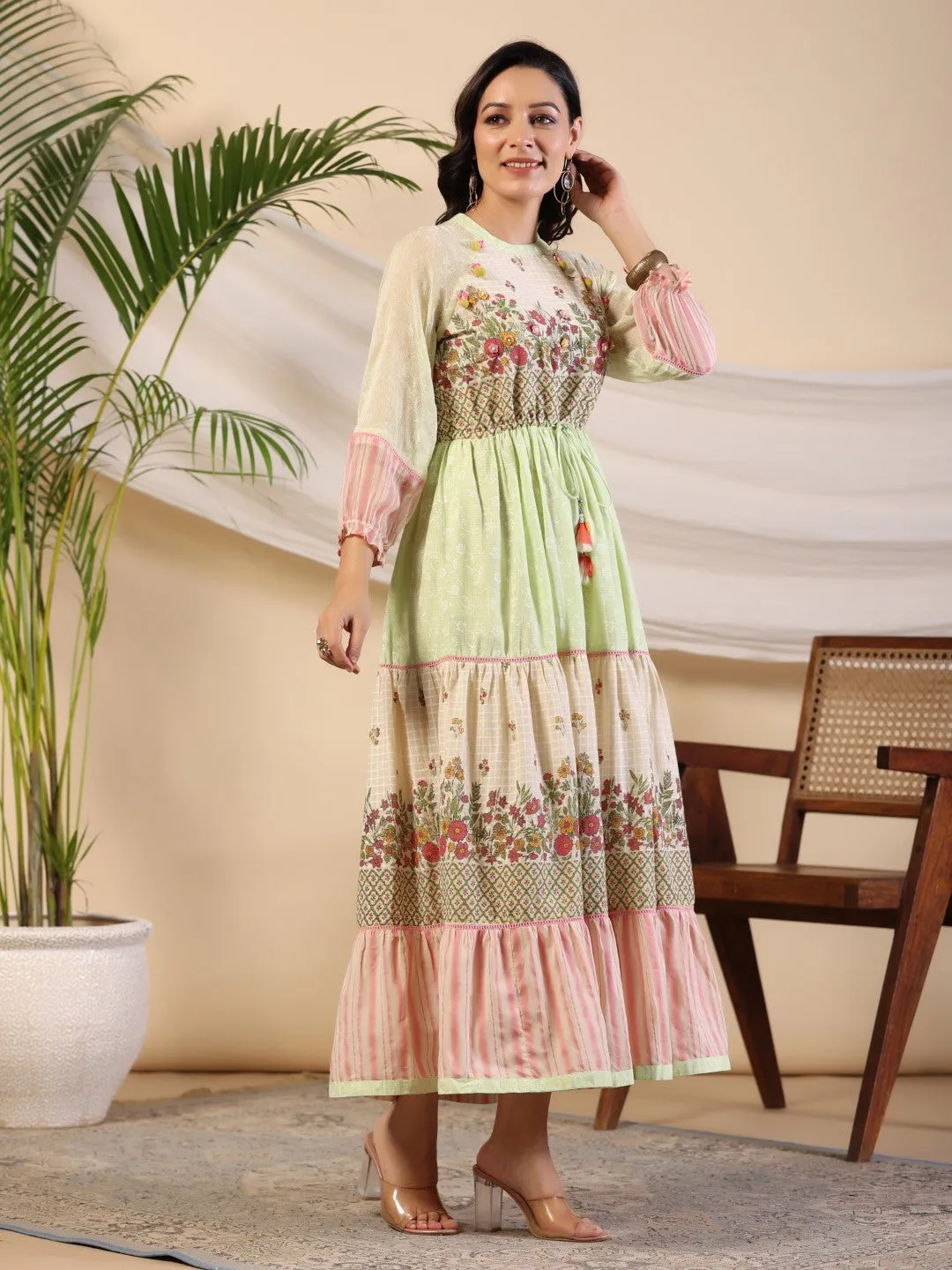 Juniper Green Wonderland Cotton & Chiffon Floral Printed Tiered Maxi Dress With Lace & 3D Handwork