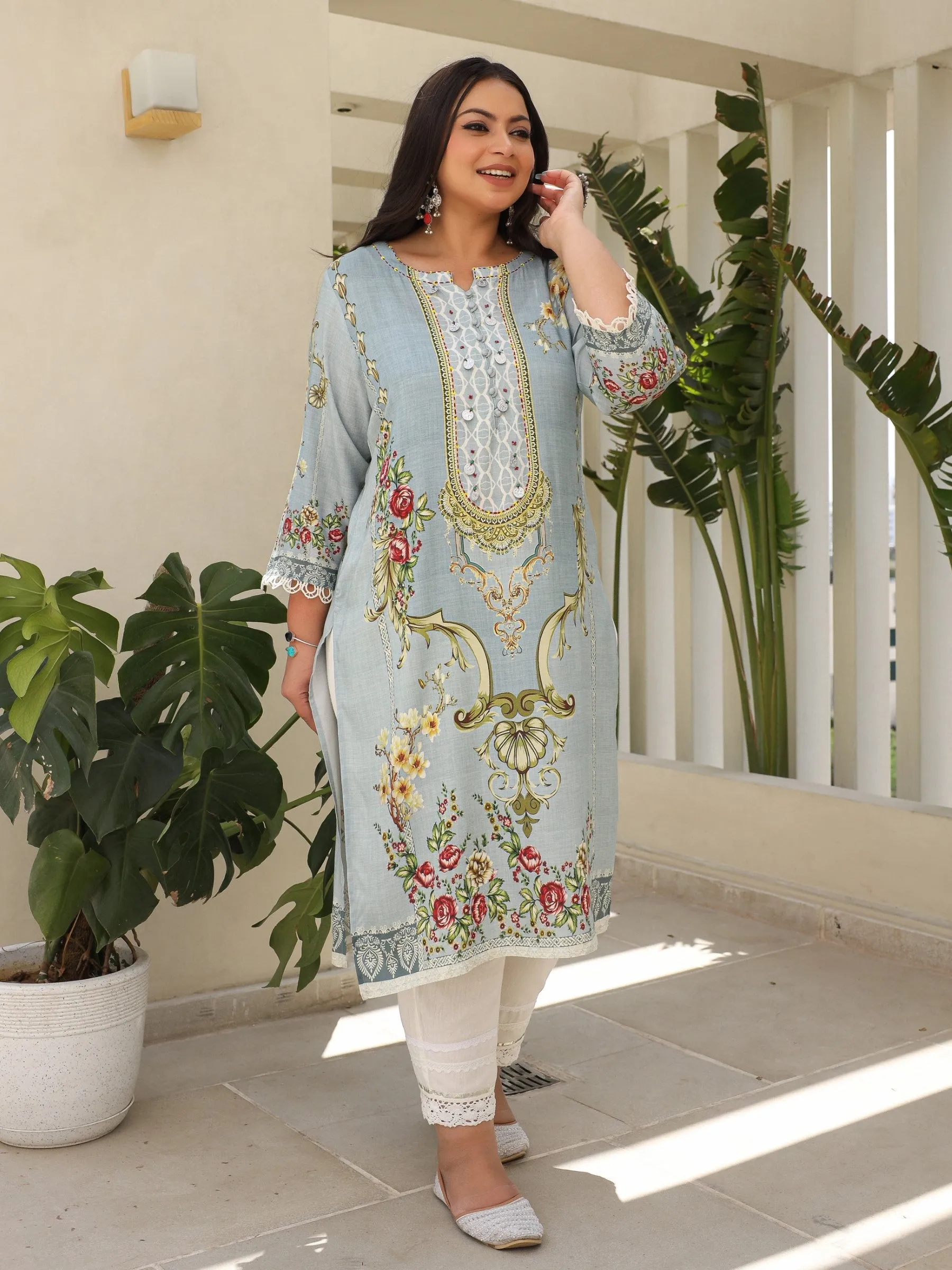 Juniper Grey Rayon Floral Printed Regular Plus Size Kurta With Beadwork