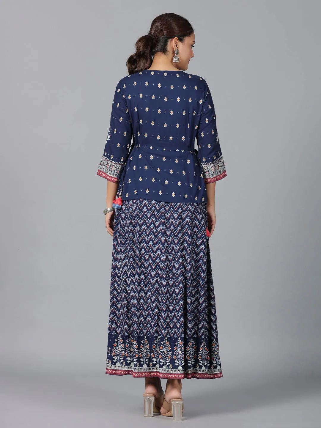 Juniper  Indigo Chevron Printed Shantoon Maxi Dress With Sequins work